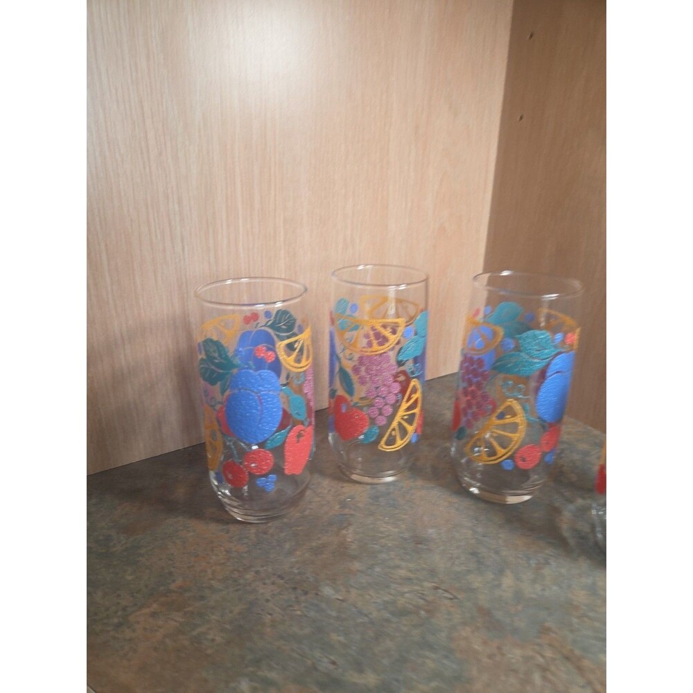 Vtg LIBBEY Fanciful Fruits Juice Set of Four Glasses.
